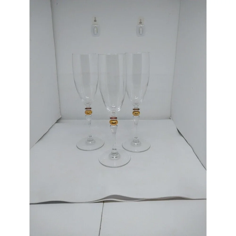3 Champagne Flutes Cortina Gold Wafer in Stem by Cristal D'Arques-Durand
